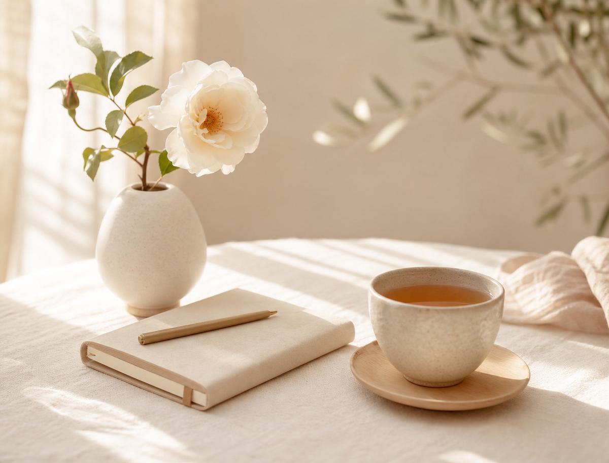 A calm wellbeing space with a journal, tea and a white rose in soft natural light