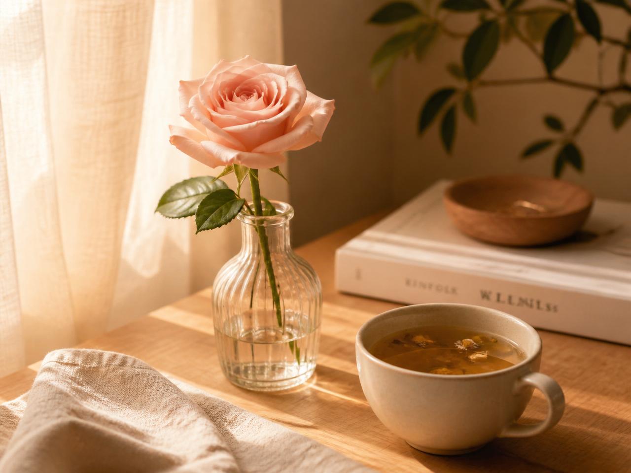 A soft blush rose in a glass vase beside a cup of herbal tea in warm morning light