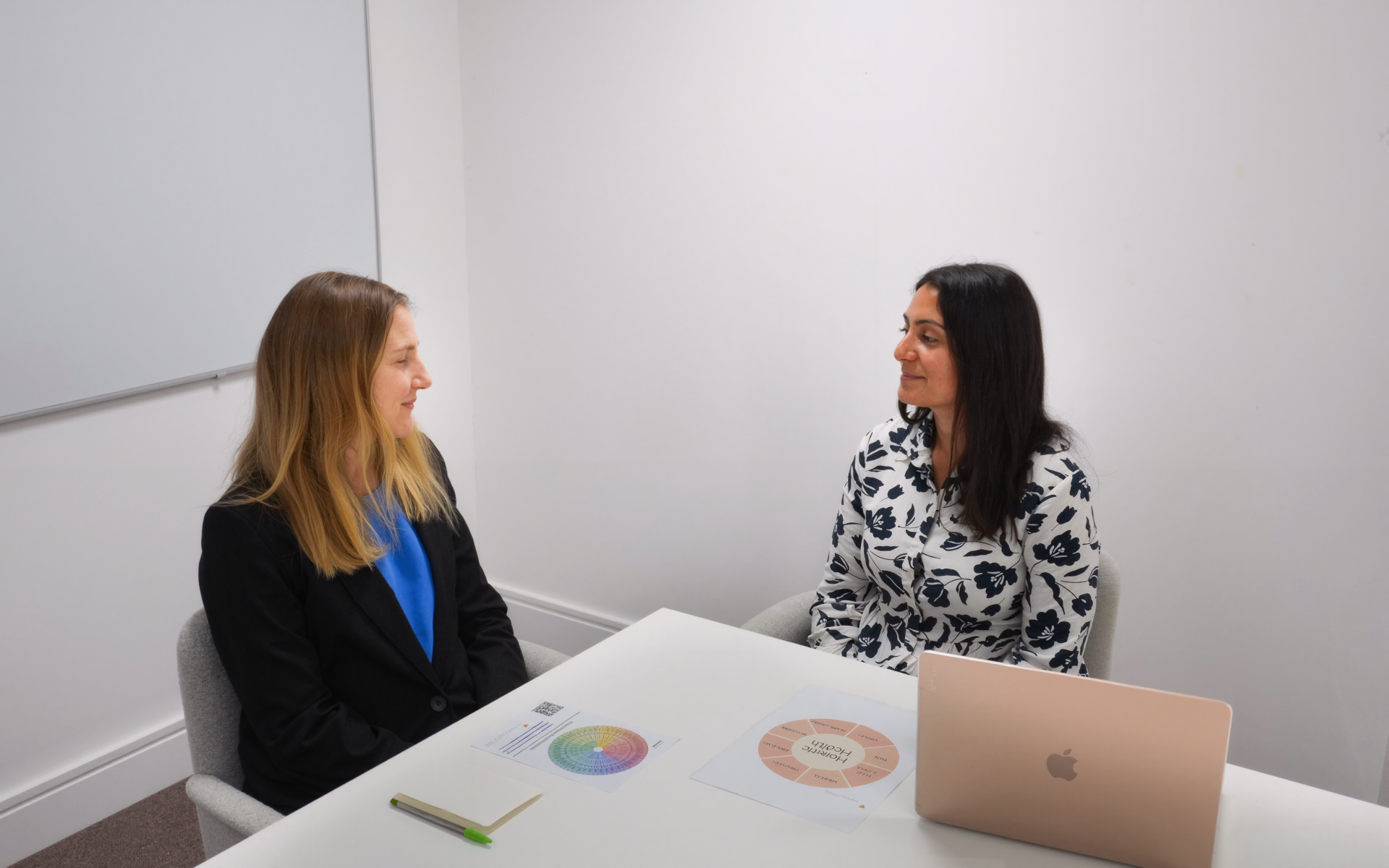 Two people in a wellbeing consultation with a Holistic Health wheel on the table