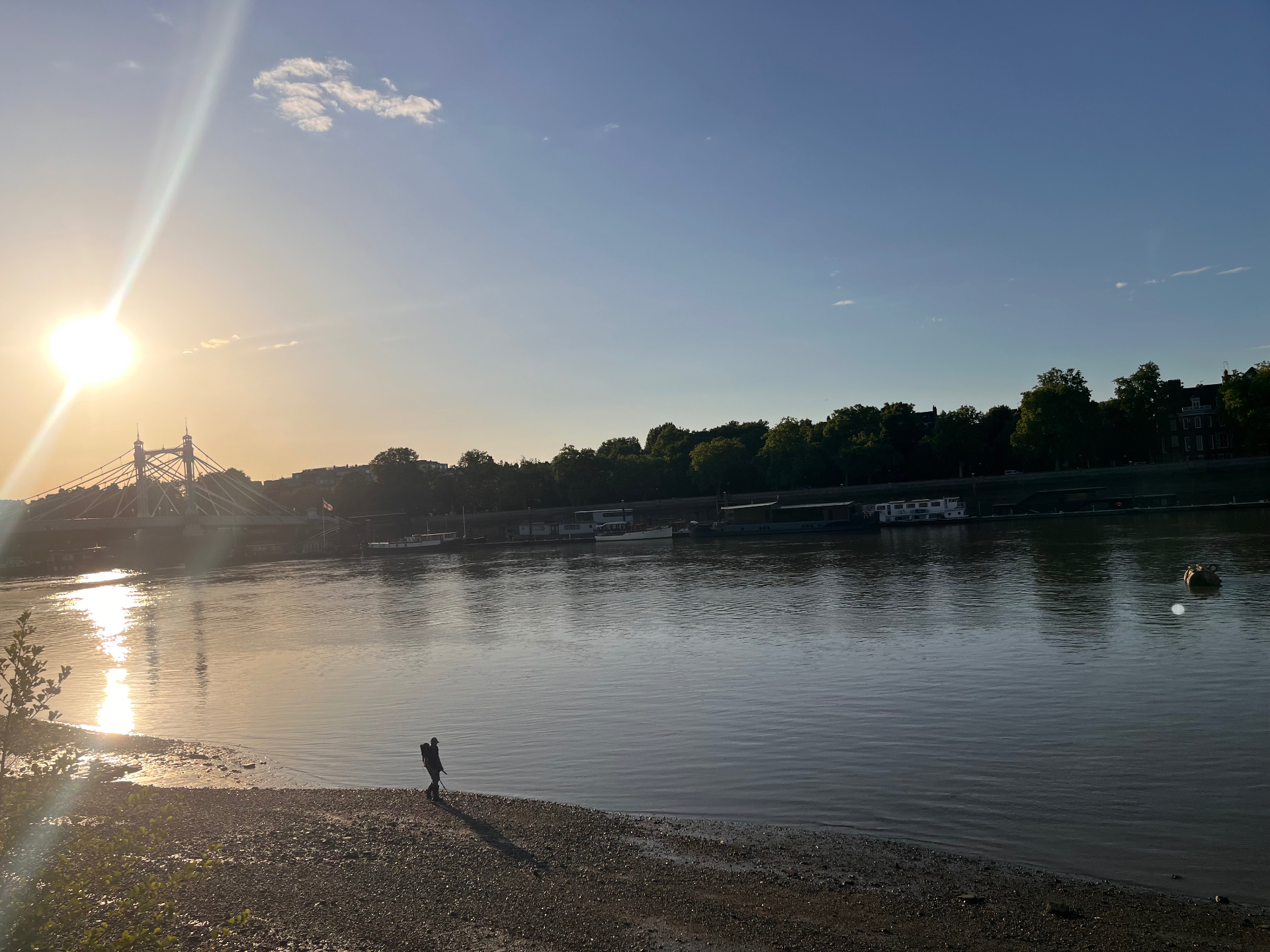 Sunset over the Thames with Albert Bridge in the background, viewed from the Chelsea Embankment near the event venue