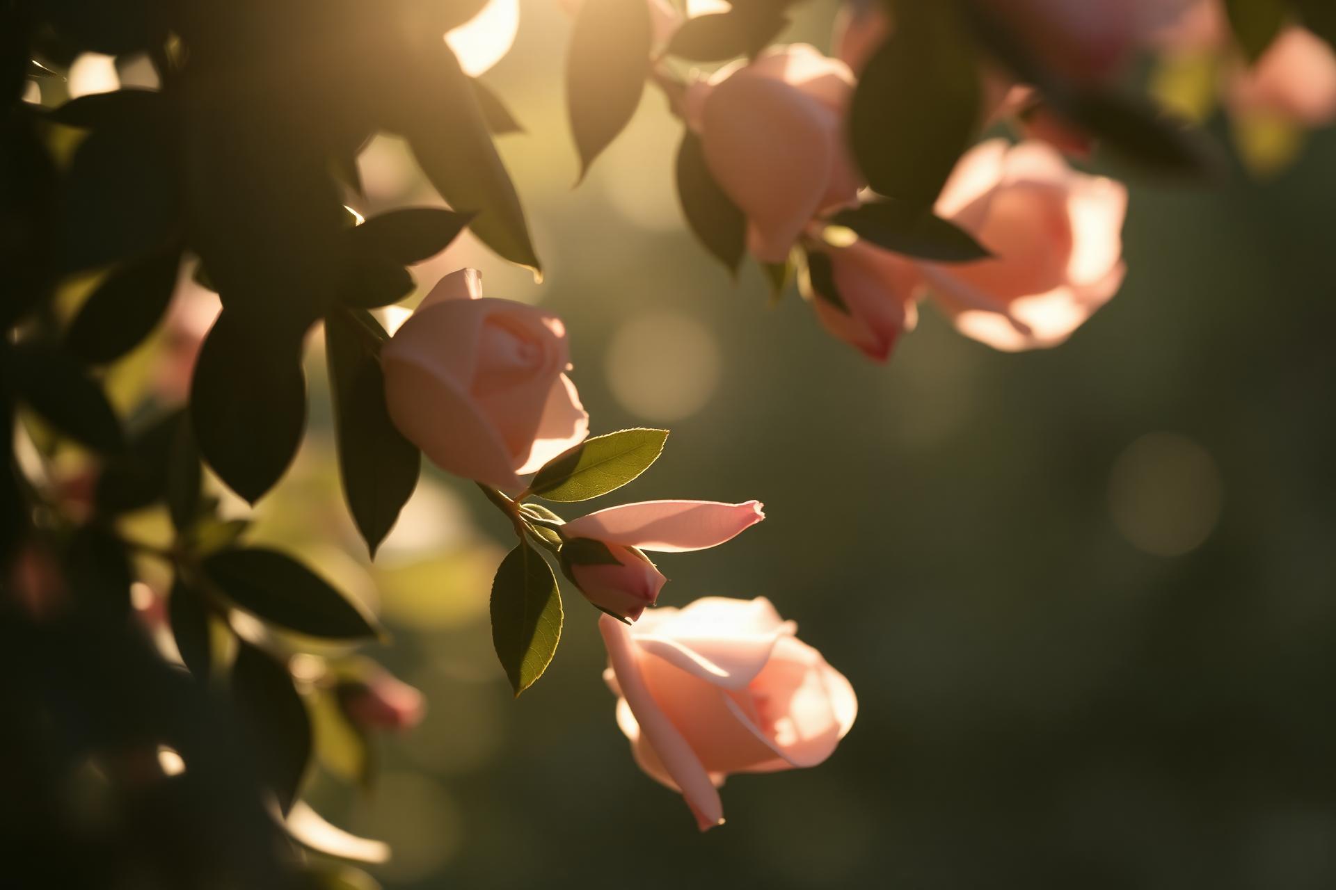 Soft morning light through rose petals
