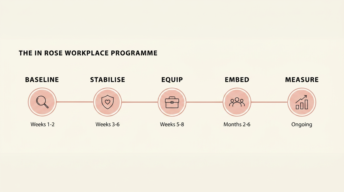 Five-stage timeline: Baseline (weeks 1-2), Stabilise (weeks 3-6), Equip (weeks 5-8), Embed (months 2-6), Measure (ongoing).